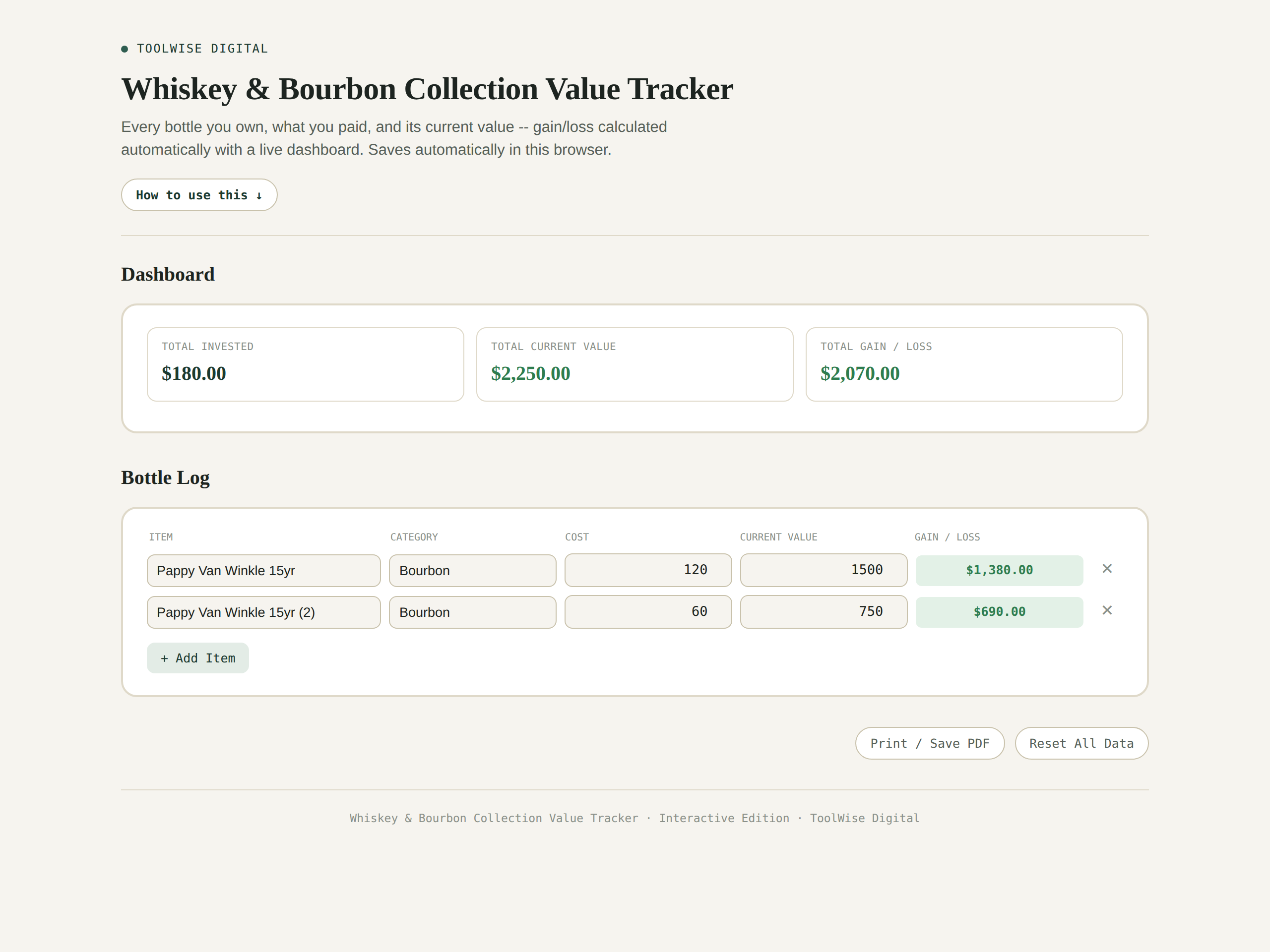 Whiskey & Bourbon Collection Value Tracker