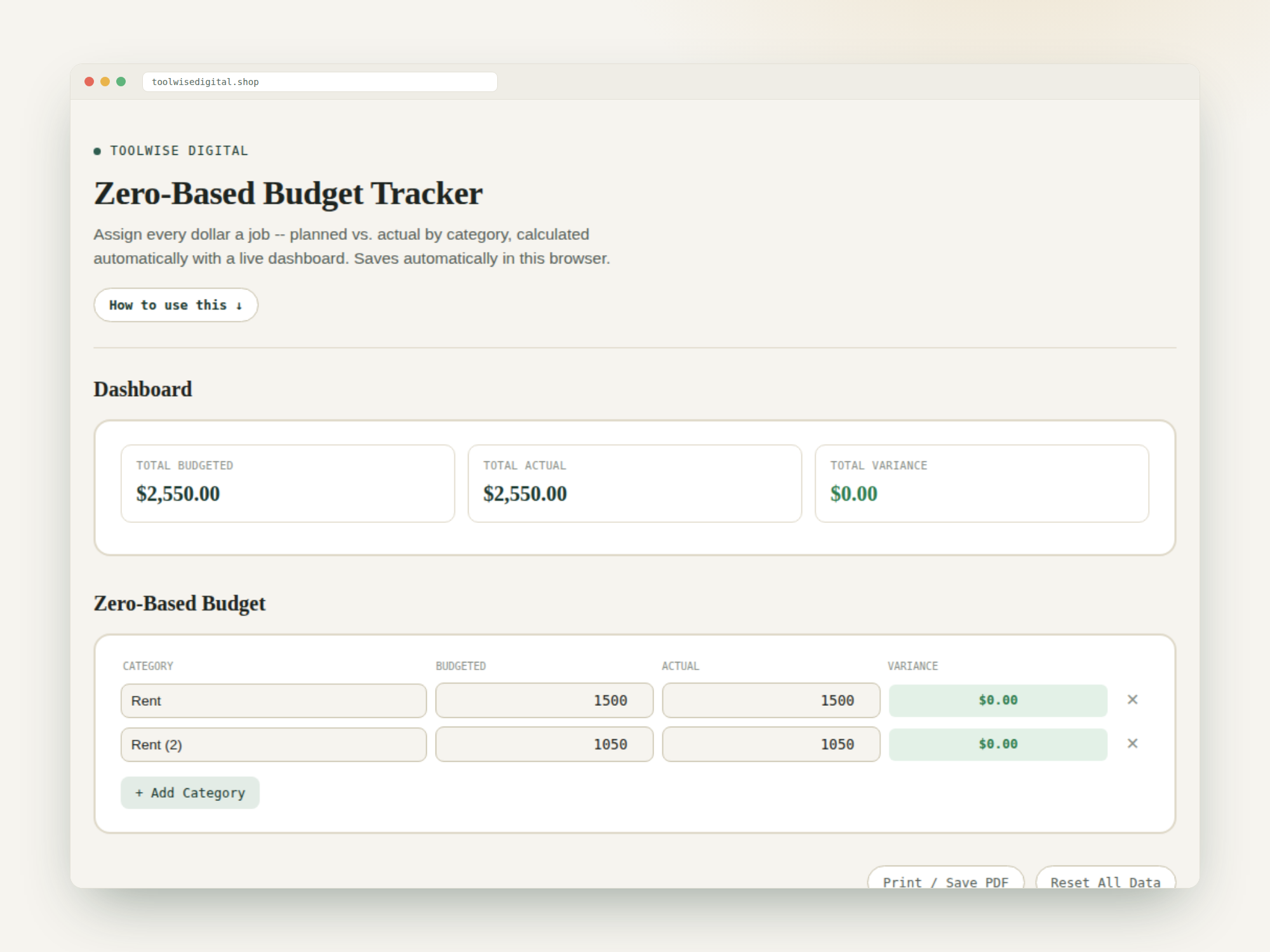 Zero-Based Budget Tracker — Google Sheets & Excel spreadsheet by ToolWise Digital — view 2